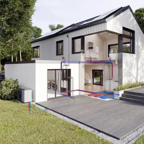 Das Bild zeigt die warmen und kalten Ströme ausgehend von einer Wärmepumpe ins Haus und durch die Räume.